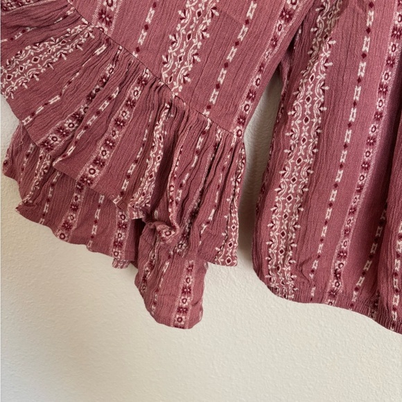 Pink Ruffled Bell Sleeve Tie Button Front Crop Flowy Boho Blouse - Picture 3 of 6